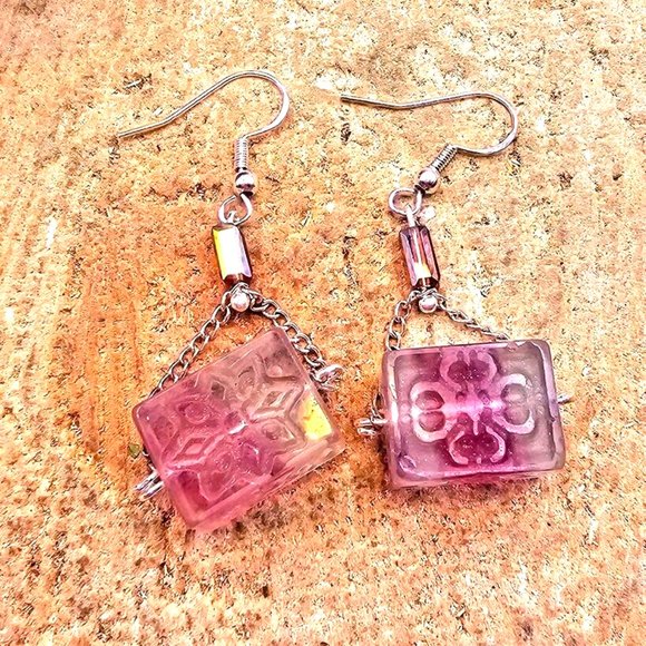 Nature Fluorite  Fret Symbols Block 925 Dangle Earring - Picture 10 of 10
